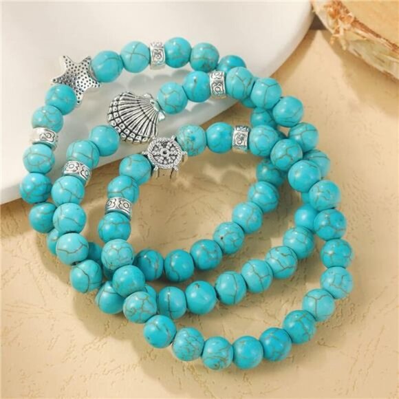 Turquoise Bracelet for Women,Healing Crystal Stone Stretch Round Bead Bracelets - Picture 4 of 5